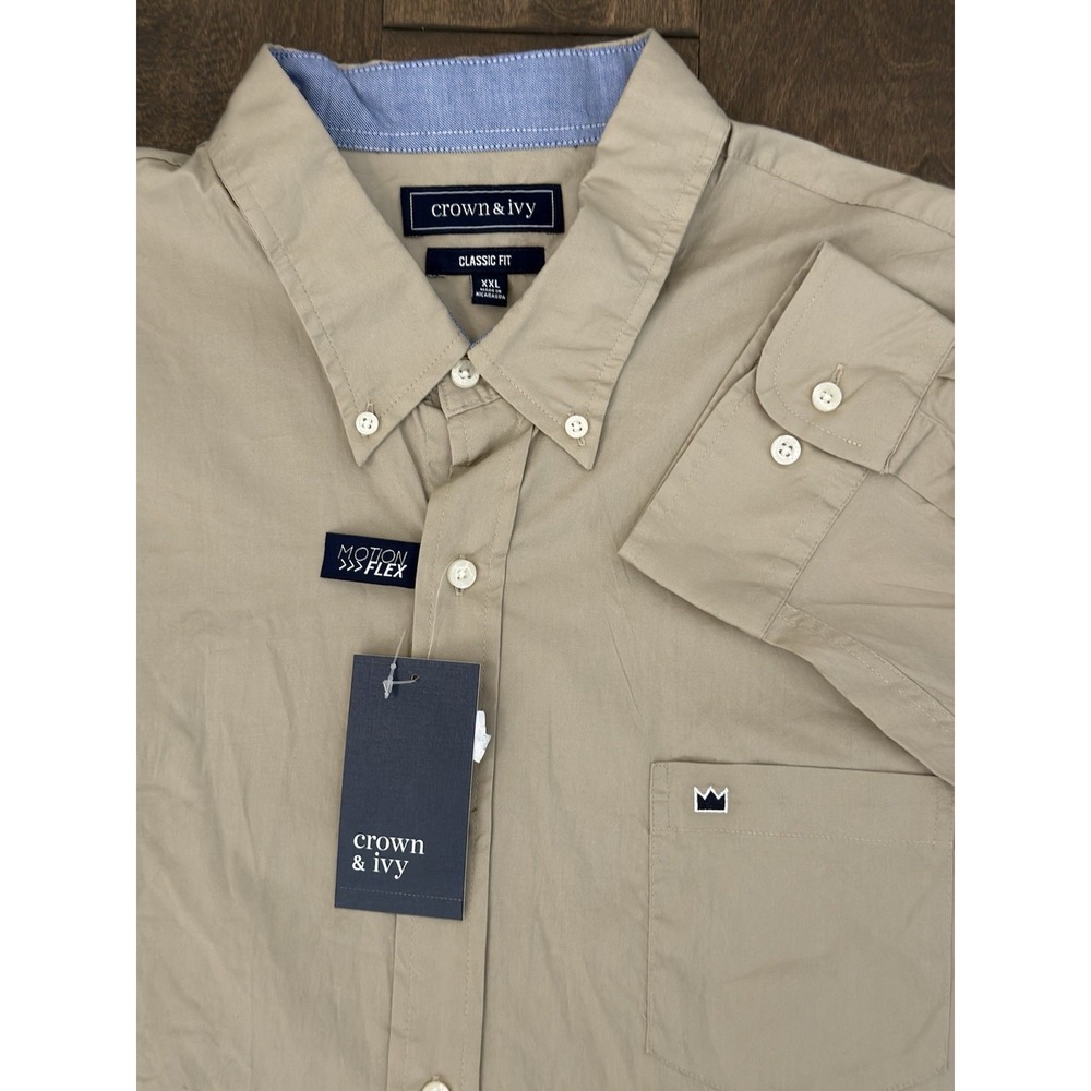 NWT Crown & Ivy Mens Classic Fit Beige Motion Flex Button Down Shirt Size 2XL